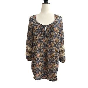 Westport Floral Print Blouse Sheer Back Long Sleeve Tunic Top Boho Women's L
